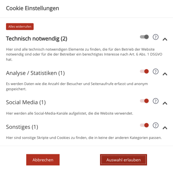 Screenshot einer Cookie Einwilligung